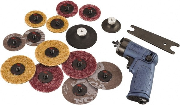 Ingersoll-Rand - 2 to 3" Disc, 15,000 RPM, Pneumatic Handheld Disc Sander - 19 CFM, 1/4" Inlet, 0.2 hp, 90 psi, Includes Air Angle Grinder, (14) Discs, 2\x94 Pad Holder, 3\x94 Pad Holder & Carrying Case - Exact Tooling