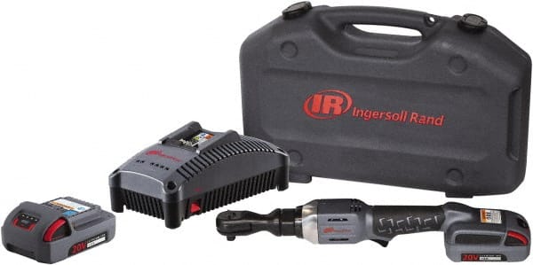 Ingersoll-Rand - 1/2" Drive 20 Volt Angled Cordless Impact Wrench & Ratchet - 225 RPM, 54 Ft/Lb Torque, 2 Lithium-Ion Batteries Included - Exact Tooling