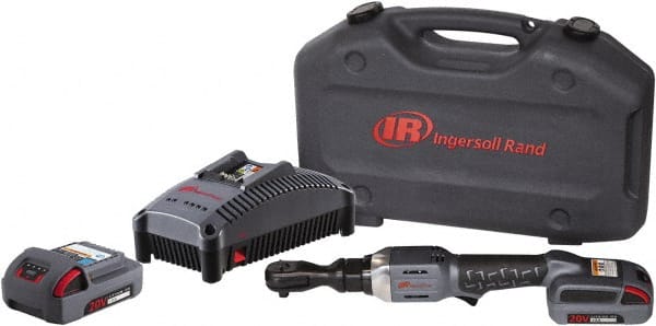 Ingersoll-Rand - 3/8" Drive 20 Volt Angled Cordless Impact Wrench & Ratchet - 225 RPM, 54 Ft/Lb Torque, 2 Lithium-Ion Batteries Included - Exact Tooling