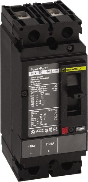Square D - 150 Amp, 250 VDC, 600 VAC, 2 Pole, Panel Mount Molded Case Circuit Breaker - Thermal Magnetic Trip, Multiple Breaking Capacity Ratings, 14-3/0 AWG - Exact Tooling