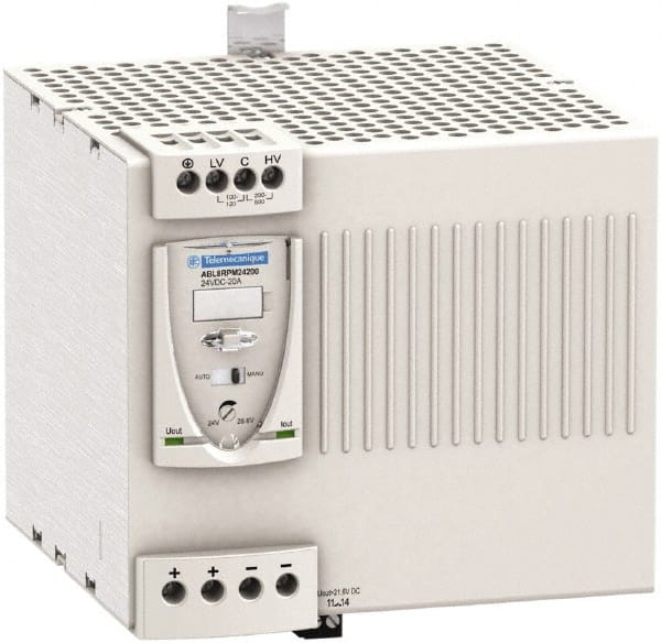 Schneider Electric - 480 Watt, 20 Amp, 100 to 120 VAC, 200 to 240 VAC Input, 24 VDC Output, DIN Rail Power Supply - Screw Connection, 165mm Wide x 155mm Deep x 143mm High, 88-100% Efficiency, Green LED Output, Red LED Output - Exact Tooling