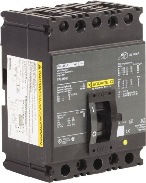 Square D - 45 Amp, 250 VDC, 480 VAC, 3 Pole, Panel Mount Molded Case Circuit Breaker - Thermal Magnetic Trip, 18 kA at 480/600 VAC Breaking Capacity, 12-1/0 (Aluminum), 14-1/0 (Copper) AWG, 4.13 Inch Deep x 6 Inch High x 4-1/2 Inch Long - Exact Tooling