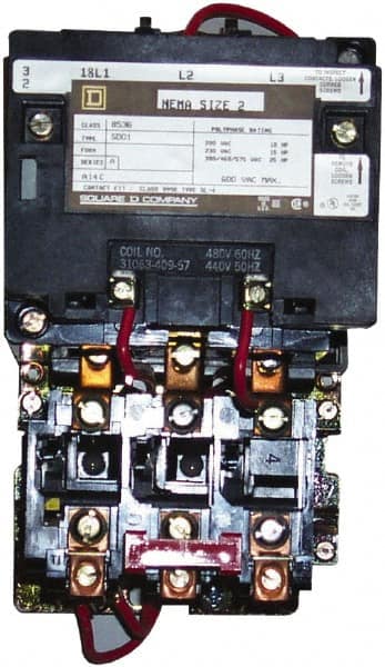 Square D - 110 Coil VAC at 50 Hz, 120 Coil VAC at 60 Hz, 45 Amp, NEMA Size 2, Nonreversible Open Enclosure NEMA Motor Starter - 3 Phase hp: 10 at 200 VAC, 15 at 230 VAC, 25 at 460 VAC, 25 at 575 VAC - Exact Tooling