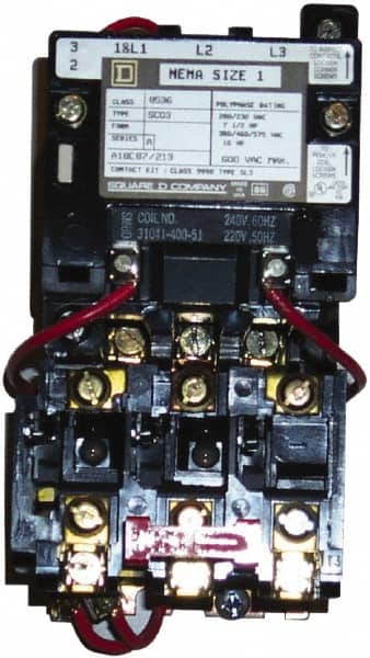 Square D - 220 Coil VAC at 50 Hz, 240 Coil VAC at 60 Hz, 27 Amp, NEMA Size 1, Nonreversible Open Enclosure NEMA Motor Starter - 3 Phase hp: 10 at 460 VAC, 10 at 575 VAC, 7-1/2 at 200 VAC, 7-1/2 at 230 VAC - Exact Tooling