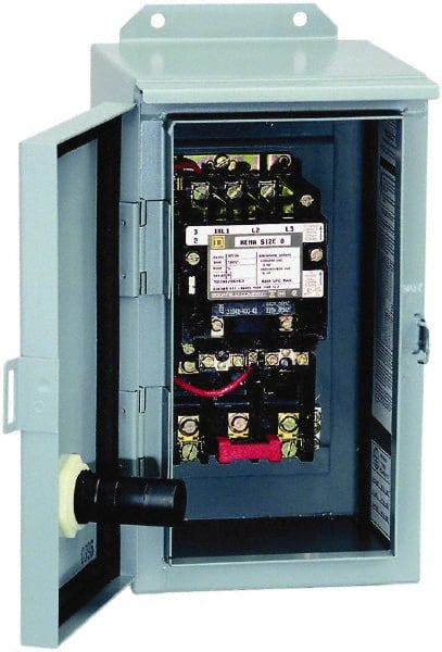 Square D - 440 Coil VAC at 50 Hz, 480 Coil VAC at 60 Hz, 27 Amp, NEMA Size 1, Nonreversible Enclosed Enclosure NEMA Motor Starter - 3 Phase hp: 10 at 460 VAC, 10 at 575 VAC, 7-1/2 at 200 VAC, 7-1/2 at 230 VAC, 12 Enclosure Rating - Exact Tooling