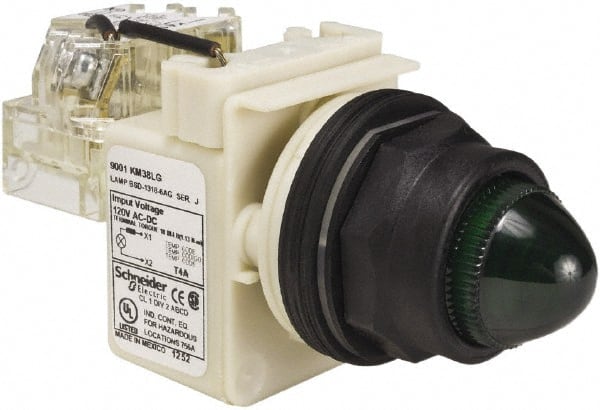 Schneider Electric - 120 V Green Lens LED Press-to-Test Indicating Light - Round Lens, Screw Clamp Connector, Corrosion Resistant, Dust Resistant, Oil Resistant - Exact Tooling