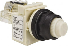 Schneider Electric - 110 VAC at 50/60 Hz via Transformer, 120 VAC at 50/60 Hz via Transformer White Lens Press-to-Test Indicating Light - Round Lens, Screw Clamp Connector, Corrosion Resistant, Dust Resistant, Oil Resistant - Exact Tooling