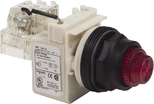 Schneider Electric - 120 VAC Red Lens LED Pilot Light - Round Lens, Screw Clamp Connector, 54mm OAL x 42mm Wide, Vibration Resistant - Exact Tooling