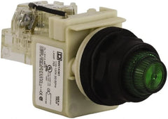 Schneider Electric - 110 VAC at 50/60 Hz via Transformer, 120 VAC at 50/60 Hz via Transformer Green Lens Press-to-Test Indicating Light - Round Lens, Screw Clamp Connector, Corrosion Resistant, Dust Resistant, Oil Resistant - Exact Tooling