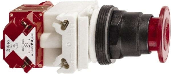 Schneider Electric - 30mm Mount Hole, Extended Straight, Pushbutton Switch with Contact Block - Red Pushbutton, Maintained (MA), Momentary (MO) - Exact Tooling