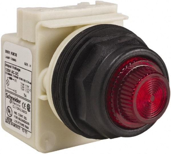 Schneider Electric - 120 V Red Lens Indicating Light - Round Lens, Screw Clamp Connector, Corrosion Resistant, Dust Resistant, Oil Resistant - Exact Tooling