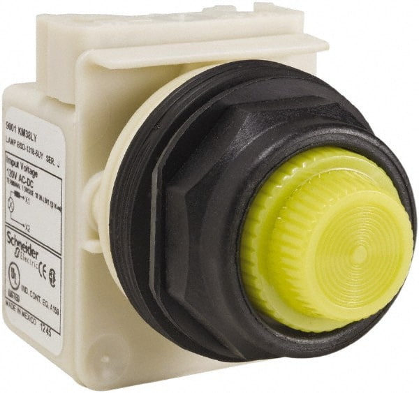 Schneider Electric - 120 V Yellow Lens LED Indicating Light - Round Lens, Screw Clamp Connector, Corrosion Resistant, Dust Resistant, Oil Resistant - Exact Tooling
