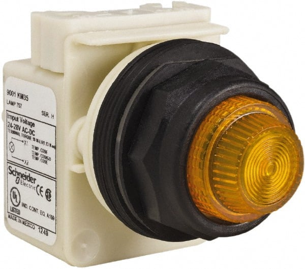 Schneider Electric - 24 V, 28 V Amber Lens Indicating Light - Round Lens, Screw Clamp Connector, Corrosion Resistant, Dust Resistant, Oil Resistant - Exact Tooling