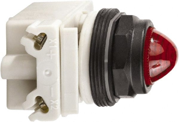 Schneider Electric - 120 VAC/VDC Red Lens Incandescent Pilot Light - Round Lens, Screw Clamp Connector, 54mm OAL x 42mm Wide, Vibration Resistant - Exact Tooling