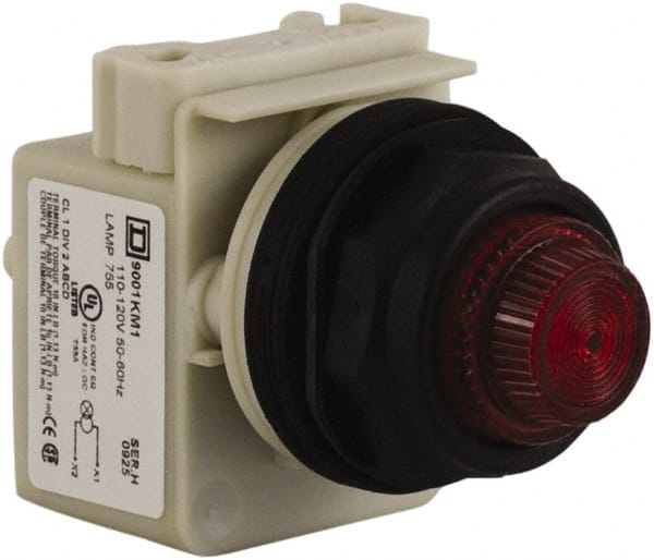 Schneider Electric - 110 VAC at 50/60 Hz via Transformer, 120 VAC at 50/60 Hz via Transformer Red Lens Indicating Light - Round Lens, Screw Clamp Connector, Corrosion Resistant, Dust Resistant, Oil Resistant - Exact Tooling
