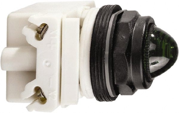 Schneider Electric - 120 VAC/VDC Green Lens Incandescent Pilot Light - Round Lens, Screw Clamp Connector, 54mm OAL x 42mm Wide, Vibration Resistant - Exact Tooling