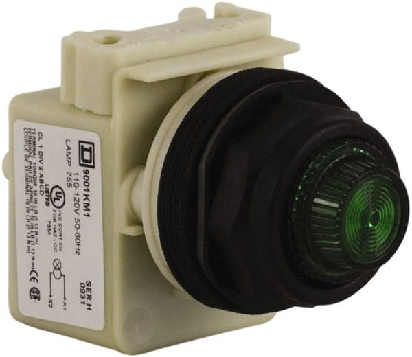 Schneider Electric - 110 VAC at 50/60 Hz via Transformer, 120 VAC at 50/60 Hz via Transformer Green Lens Indicating Light - Round Lens, Screw Clamp Connector, Corrosion Resistant, Dust Resistant, Oil Resistant - Exact Tooling