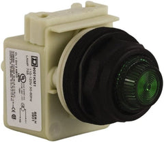 Schneider Electric - 110 VAC at 50/60 Hz via Transformer, 120 VAC at 50/60 Hz via Transformer Green Lens Indicating Light - Round Lens, Screw Clamp Connector, Corrosion Resistant, Dust Resistant, Oil Resistant - Exact Tooling