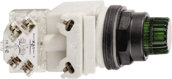 Schneider Electric - 30mm Mount Hole, Extended Straight, Pushbutton Switch with Contact Block - Green Pushbutton, Momentary (MO) - Exact Tooling