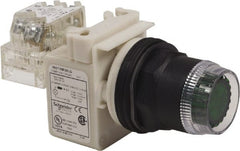 Schneider Electric - 30mm Mount Hole, Extended Straight, Pushbutton Switch with Contact Block - Green Pushbutton, Momentary (MO) - Exact Tooling