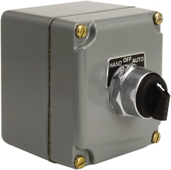 Schneider Electric - 1 Operator, Projecting Pushbutton Control Station - Auto, Hand, Off (Legend), Maintained Switch, NO Contact, NEMA 13, 3, 4 - Exact Tooling