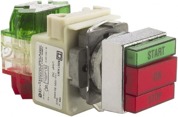 Schneider Electric - 30mm Mount Hole, Pushbutton Switch with Pilot Light - Rectangle, Green and Red Pushbutton, Illuminated, Momentary (MO), Start-On-Stop - Exact Tooling