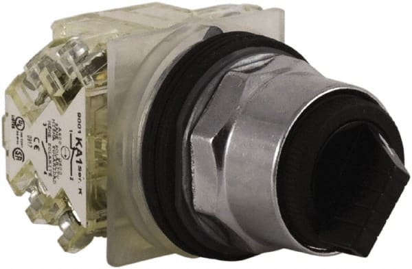 Schneider Electric - 30mm Mount Hole, 2 Position, Knob and Pushbutton Operated, Selector Switch - Black, Maintained (MA), 2NO/2NC, Weatherproof and Dust and Oil Resistant - Exact Tooling