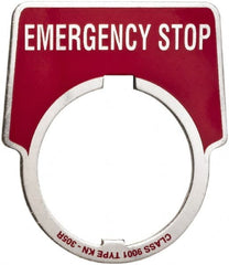 Schneider Electric - Aluminum Legend Plate - Emergency Stop - Black Background, 30mm Hole Diameter, 1-3/4 Inch Wide - Exact Tooling