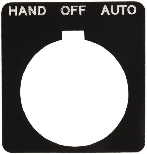 Schneider Electric - Square, Plastic Legend Plate - Hand-Off-Auto - Black Background, White Letters, 1.2 Inch Hole Diameter, 1-3/4 Inch Square - Exact Tooling