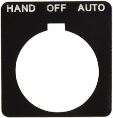 Schneider Electric - Square, Plastic Legend Plate - Hand-Off-Auto - Black Background, White Letters, 1.2 Inch Hole Diameter, 1-3/4 Inch Square - Exact Tooling