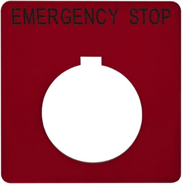 Schneider Electric - Square, Plastic Legend Plate - Emergency Stop - Red Background, Black Letters, 1.2 Inch Hole Diameter, 2-1/4 Inch Square - Exact Tooling