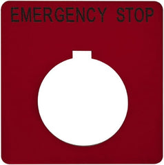 Schneider Electric - Square, Plastic Legend Plate - Emergency Stop - Red Background, Black Letters, 1.2 Inch Hole Diameter, 2-1/4 Inch Square - Exact Tooling