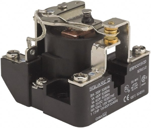 Square D - 1-1/2 hp, 10 VA Power Rating, Electromechanical Screw Clamp General Purpose Relay - 40 at 277 VAC & 5 at 600 V, SPDT, 277 VAC at 60 Hz, 63.6mm Wide x 52.4mm High x 63.2mm Deep - Exact Tooling
