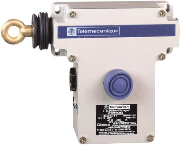 Telemecanique Sensors - 10 Amp, 2NO/2NC Configuration, Left Hand Operation, Rope Operated Limit Switch - Pushbutton Reset, Rope Pull, Pilot Light Indicator, 300 VAC - Exact Tooling