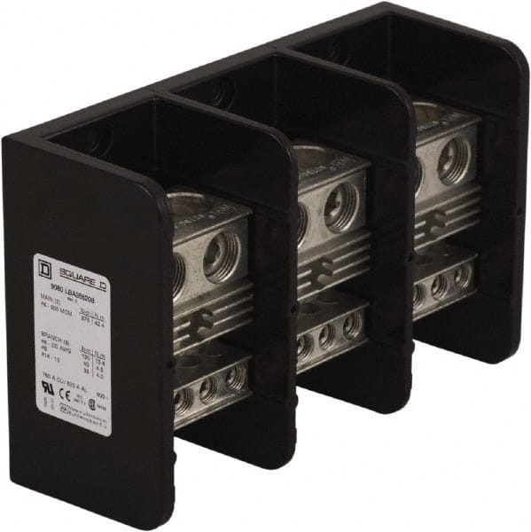 Square D - 3 Poles, 620 (Aluminium), 760 (Copper) Amp, Phenolic Power Distribution Block - 600 VAC, 2 Primary Connection - Exact Tooling