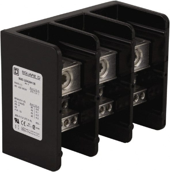Square D - 3 Poles, 270 (Aluminium), 335 (Copper) Amp, Phenolic Power Distribution Block - 600 VAC, 1 Primary Connection - Exact Tooling