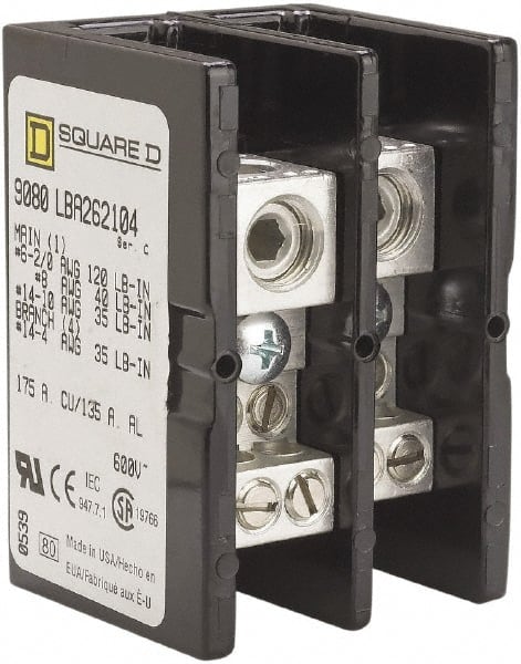 Square D - 2 Poles, 135 (Aluminium), 175 (Copper) Amp, Phenolic Power Distribution Block - 600 VAC, 1 Primary Connection - Exact Tooling