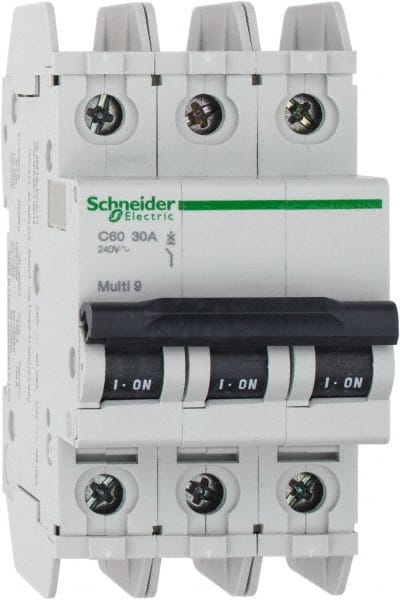 Schneider Electric - 30 Amp, 125 VDC, 240 VAC, 60 VDC, 3 Pole, DIN Rail Mount, Fixed Mount Miniature Circuit Breaker - Thermal Magnetic Trip, Multiple Breaking Capacity Ratings, 73mm Deep x 107mm High x 54mm Wide - Exact Tooling