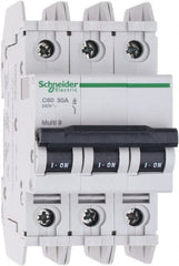 Schneider Electric - 30 Amp, 125 VDC, 240 VAC, 60 VDC, 3 Pole, DIN Rail Mount, Fixed Mount Miniature Circuit Breaker - Thermal Magnetic Trip, Multiple Breaking Capacity Ratings, 73mm Deep x 107mm High x 54mm Wide - Exact Tooling