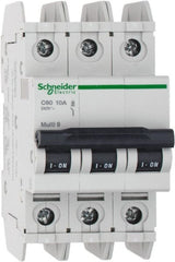 Schneider Electric - 10 Amp, 125 VDC, 240 VAC, 60 VDC, 3 Pole, DIN Rail Mount, Fixed Mount Miniature Circuit Breaker - Thermal Magnetic Trip, Multiple Breaking Capacity Ratings, 73mm Deep x 107mm High x 54mm Wide - Exact Tooling