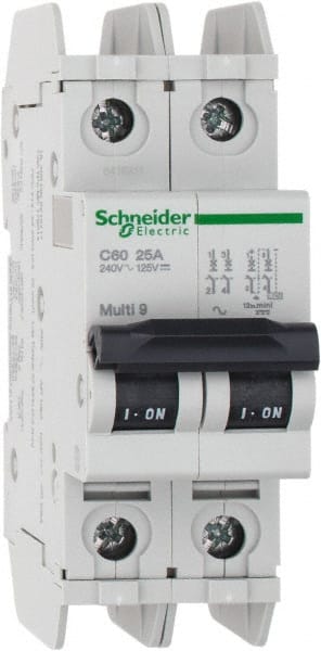 Schneider Electric - 25 Amp, 125 VDC, 240 VAC, 60 VDC, 1 Pole, DIN Rail Mount, Fixed Mount Miniature Circuit Breaker - Thermal Magnetic Trip, Multiple Breaking Capacity Ratings, 73mm Deep x 107mm High x 36mm Wide - Exact Tooling