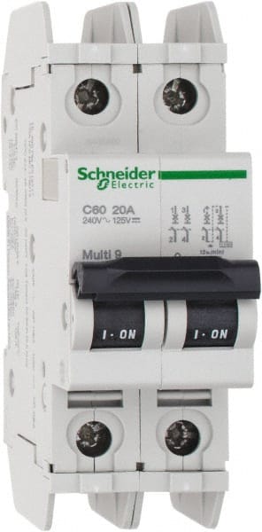 Schneider Electric - 20 Amp, 125 VDC, 240 VAC, 60 VDC, 1 Pole, DIN Rail Mount, Fixed Mount Miniature Circuit Breaker - Thermal Magnetic Trip, Multiple Breaking Capacity Ratings, 73mm Deep x 107mm High x 36mm Wide - Exact Tooling
