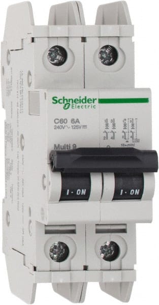 Schneider Electric - 6 Amp, 125 VDC, 240 VAC, 60 VDC, 1 Pole, DIN Rail Mount, Fixed Mount Miniature Circuit Breaker - Thermal Magnetic Trip, Multiple Breaking Capacity Ratings, 73mm Deep x 107mm High x 36mm Wide - Exact Tooling