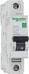 Schneider Electric - 10 Amp, 240/415 VAC, 1 Pole, DIN Rail Mounted Miniature Circuit Breaker - Thermal Magnetic Trip, 10 kA at 240 VAC Breaking Capacity, 14-4 AWG, 76mm Deep x 81mm High x 18mm Wide - Exact Tooling