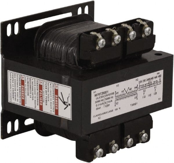 Square D - 200 VA, Top Mount Fuse Block Control Transformer - 50/60 Hz, 3.59 Inch Deep x 3.2 Inch High - Exact Tooling