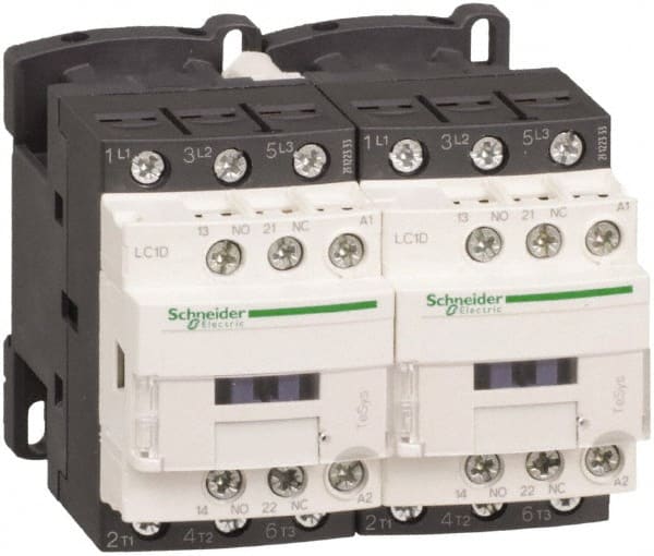 Schneider Electric - 3 Pole, 480 Coil VAC at 50/60 Hz, 18 Amp at 440 VAC, Reversible IEC Contactor - 1 Phase hp: 1 at 115 VAC, 3 at 230/240 VAC, 3 Phase hp: 10 at 460/480 VAC, 15 at 575/600 VAC, 5 at 200/208 VAC, 5 at 230/240 VAC - Exact Tooling