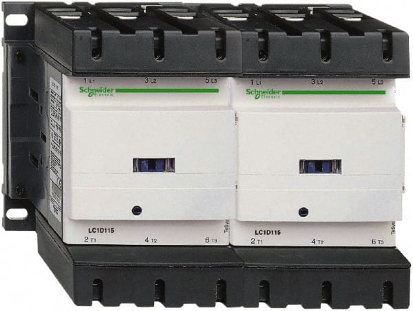 Schneider Electric - 3 Pole, 120 Coil VAC at 50/60 Hz, 115 Amp at 440 VAC, Reversible IEC Contactor - 3 Phase hp: 100 at 575/600 VAC, 30 at 200/208 VAC, 40 at 230/240 VAC, 75 at 460/480 VAC - Exact Tooling