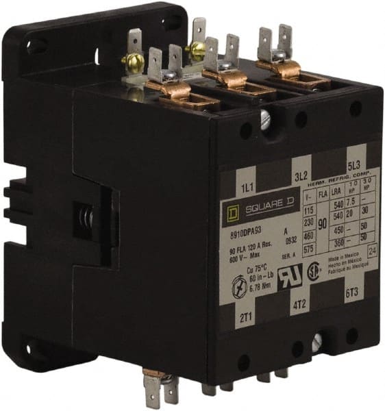 Square D - 3 Pole, 90 Amp Inductive Load, 24 Coil VAC at 50/60 Hz, Definite Purpose Contactor - Phase 1 and Phase 3 Hp:  20 at 230 VAC, 30 at 230 VAC, 50 at 460 VAC, 50 at 575 VAC, 7.5 at 115 VAC, 120 Amp Resistive Rating, CE, CSA, UL Listed - Exact Tooling