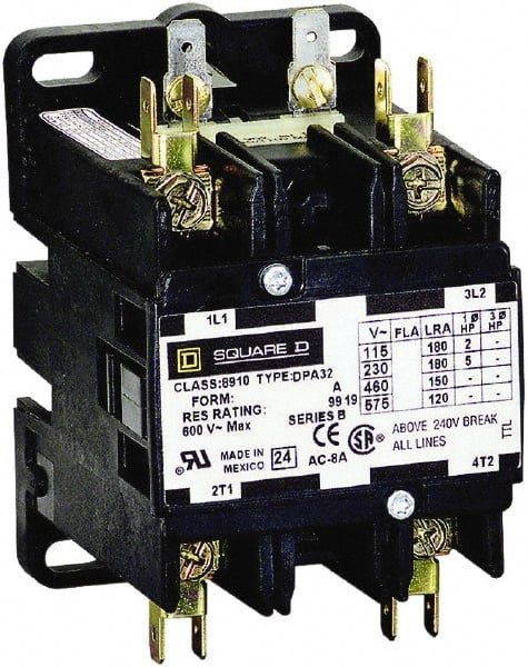 Square D - 2 Pole, 50 Amp Inductive Load, 208 to 240 Coil VAC at 60 Hz and 220 Coil VAC at 50 Hz, Definite Purpose Contactor - Phase 1 Hp:  10 at 230 VAC, 3 at 115 VAC, 65 Amp Resistive Rating, CE, CSA, UL Listed - Exact Tooling