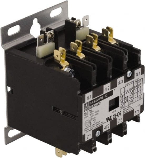 Square D - 4 Pole, 40 Amp Inductive Load, 277 Coil VAC at 60 Hz, Definite Purpose Contactor - Phase 1 and Phase 3 Hp:  10 at 230 VAC, 20 at 460 VAC, 25 at 575 VAC, 3 at 115 VAC, 7.5 at 230 VAC, 50 Amp Resistive Rating, CE, CSA, UL Listed - Exact Tooling